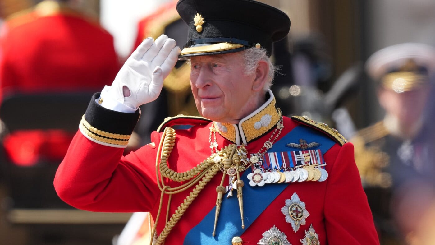 King Charles III salutes the troops outside Buckingham Palace during Trooping the Colour, June 13, 2026